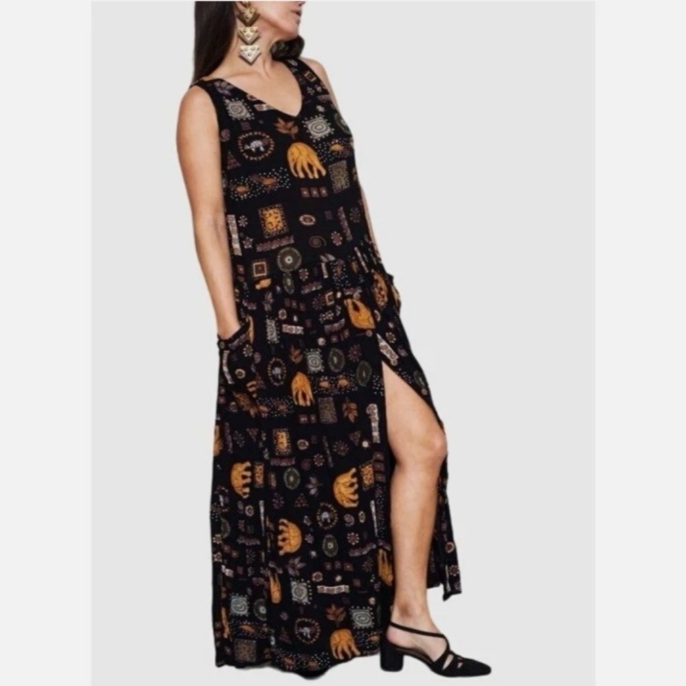 Vintage BILA Boho Elephant Print Maxi Dress Women's Size Large